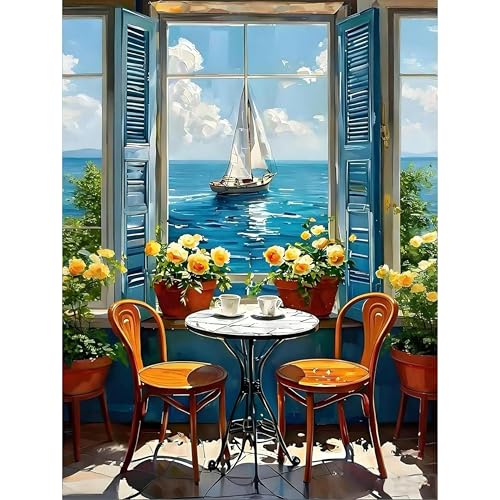 askkqtx Beach Diamond Art Kits for Adults 12x16 Inch | Sailboat Ocean Diamond Painting Kits for Beginners, DIY 5D Round Full Drill Crystal Rhinestone Dots Gem Art Craft Home Decor - color: Sea-G9394