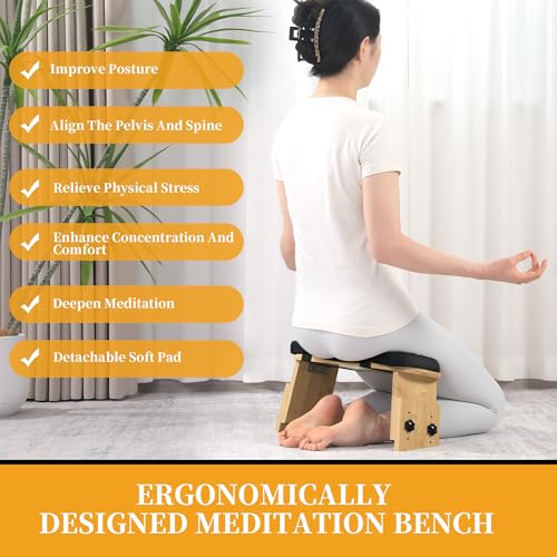 BALAPET Adjustable Height Meditation Bench, Portable Folding Meditation Chair with Velvet Cushion, Ergonomic Meditation Kneeling Stool for Yoga, Mindfulness&Zen Practice(Black)