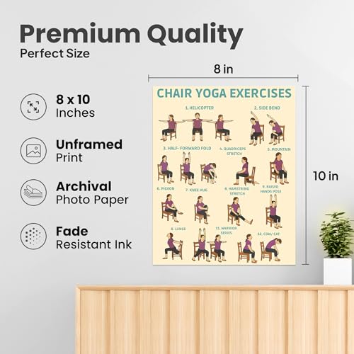 ZUKIY Chair Yoga Exercises Poster - 8x10 Unframed Wellness Chart for Seniors over 60 - Gentle Yoga Guide with Seated Poses - Senior Fitness Wall Art for Home, Office, or Physical Therapy Spaces