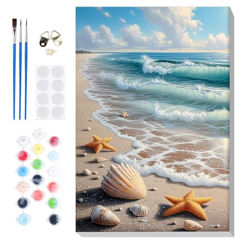 Bowetile Framed Paint by Numbers Beach Kit for Adults, Adults' Paint-by-Number Kits on Canvas, Painting by Numbers Seashell, Acrylic Landscape Number Painting Gifts for Home Wall Decor, 8x12in - color: Beach, Seashell