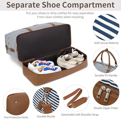 Weekender Bag, Large Travel Duffel Bag for Women, Carry on Overnight Bag with Shoe Compartment and Toiletry Bags - color: A-Blue-White