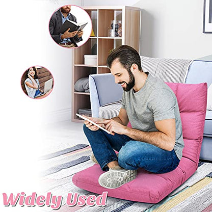 Giantex Adjustable Floor Gaming Sofa Chair 14-Position Cushioned Folding Lazy Recliner High Resilience Sponge, Breathable Cotton & Linen Fabric Sleeper Bed Couch Recliner (Pink) - color: Pink