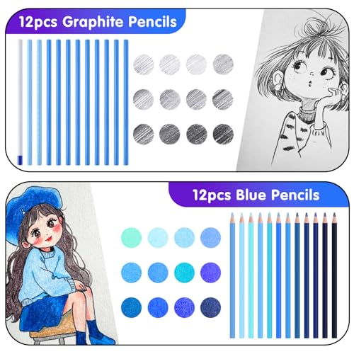 Professional Drawing Set,12 Colored Pencils,12 Graphite Pencils,Eraser,Case | Portable Travel Colored Pencil Case,Sketching Shading Blending Art Supplies,Gifts for Artists Adults Beginners.Blue Black - color: Set-Blue