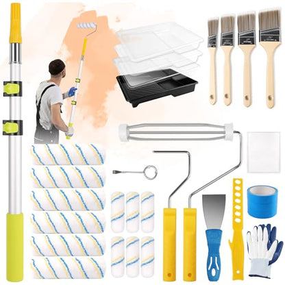 32PCS Paint Roller Kit with 2-4ft Extension Pole, 9" & 4" Roller Covers, Paint Brushes, Tray Liners & Tape, Professional House Painting Supplies for Walls, Ceilings & Cabinets