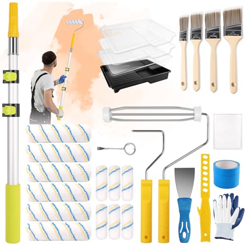 32PCS Paint Roller Kit with 2-4ft Extension Pole, 9" & 4" Roller Covers, Paint Brushes, Tray Liners & Tape, Professional House Painting Supplies for Walls, Ceilings & Cabinets