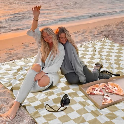 Extra Large Turkish Beach Towel Picnic Mat Throw Blanket Oversized Sand Free Quick Dry Giant Boho Sandproof Lightweight Cloud Hawaii Honeymoon Travel Essentials Xl Big Women Men Summer Vacation Gift - color: Checked Beige, size: Giant Large 82'' x 90''