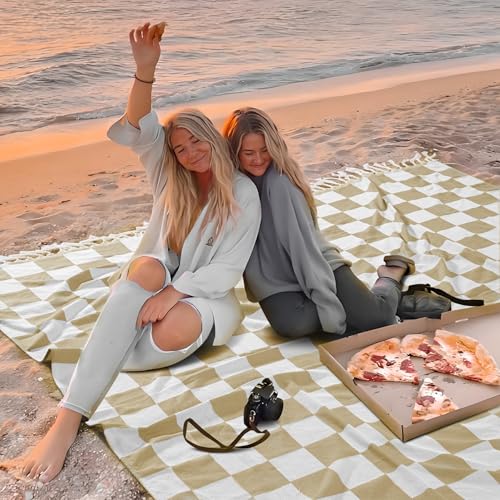 Extra Large Turkish Beach Towel Picnic Mat Throw Blanket Oversized Sand Free Quick Dry Giant Boho Sandproof Lightweight Cloud Hawaii Honeymoon Travel Essentials Xl Big Women Men Summer Vacation Gift - color: Checked Beige, size: Giant Large 82'' x 90''