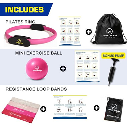 ProBody Pilates Kit — 14 Inch Ring, 9 Inch Ball, 4 Bands & Pump - color: Pink