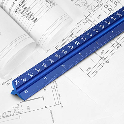 12" Architectural Scale Ruler Aluminum Architect Scale Ruler, Blue | Triangular Scale Ruler for Architects, Draftsman, Students and Engineers - color: Blue