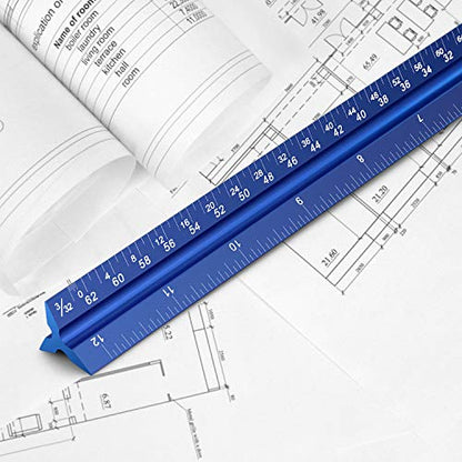 12" Architectural Scale Ruler Aluminum Architect Scale Ruler, Blue | Triangular Scale Ruler for Architects, Draftsman, Students and Engineers - color: Blue