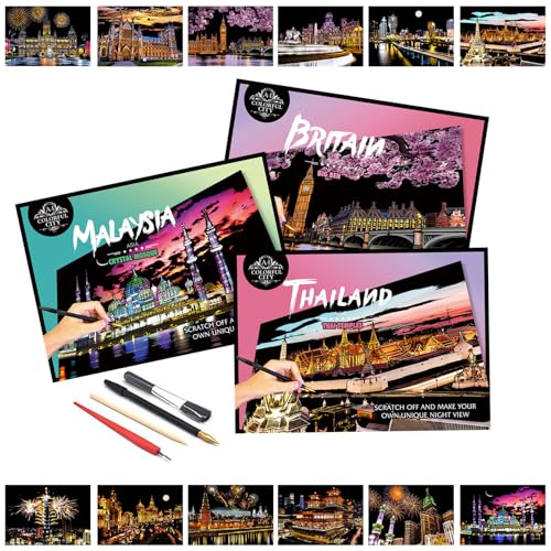 Iskueal Scratch Art for Adults(12 Sheets A4),Family Creative DIY Painting Papers for Travel Lovers,Craft Lovers|Creative Scratch Art Adult (Britain/Thailand/Malaysia) - color: (Britain/Thailand/Malaysia)