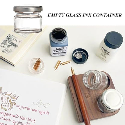 10Pcs Mini Glass Inkwell Ink Bottle Containers with Screw Lids for Calligraphy Oblique Nib Holder Stand Empty Dip Pen Ink Well Jars Desktop Decoration School Gifts(25ml)