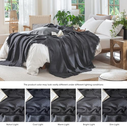 MooMee 100% Cotton Muslin Blanket, Fringed 4-Layer Gauze Bed Couch Throw - color: Dark Grey, size: Throw XL