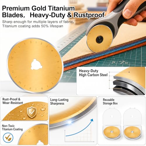 Wamlente 20 Pack 60mm Rotary Cutter Blades, Titanium Coated Steel,Gold | Fits Most Cutters for Quilting Sewing Crafts, Cuts Fabric Leather Vinyl Felt, Titanium Coating, Includes 2 Protective Cases - color: Gold