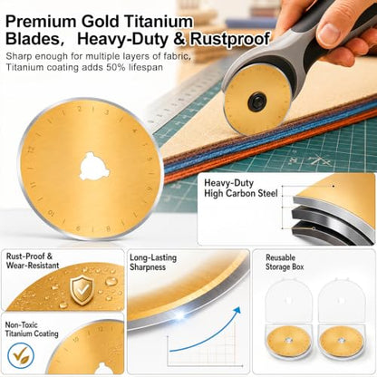 Wamlente 20 Pack 60mm Rotary Cutter Blades, Titanium Coated Steel,Gold | Fits Most Cutters for Quilting Sewing Crafts, Cuts Fabric Leather Vinyl Felt, Titanium Coating, Includes 2 Protective Cases - color: Gold