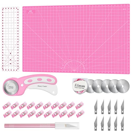 Rotary Cutter Set Pink- Quilting Kit incl. 45mm Fabric Cutter, 5 Replacement Blades, A1 Cutting Mat, Acrylic Quilting Ruler and Sewing Clips, Craft Knife Set, Ideal for Crafting, Sewing, Patchworking - color: Pink, size: A1 Rotary Cutter Set
