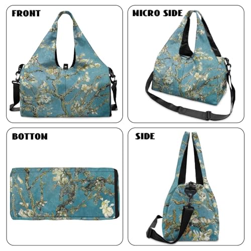 Yoga Gym Bag with Removable Adjustable Shoulder Strap, Shoe Compartment & Top Yoga Mat Holder 17.72x8.66x9.84in - color: Almond Blossom Tree Print