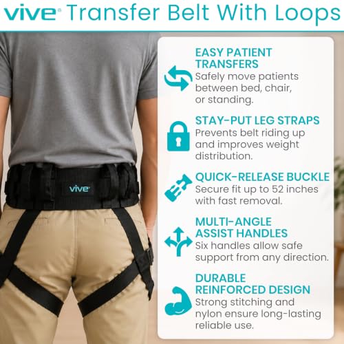 Vive Transfer Belt with Leg Loops - Medical Nursing Safety Gait Assist Device - Bariatrics, Pediatric, Elderly, Occupational and Physical Therapy - Long Strap and Quick Release Metal Buckle - 52 Inch - style: Transfer Belt With Loops