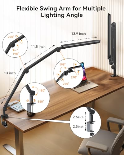 LED Desk Lamp with Clamp, Architect Desk Lamp with Remote, Flexible Swing Arm Desk Light with Dual LED Light, Stepless Dimming, 5 Color Mode & 4 Brightness for Sewing Painting Drafting Crafting - color: Dual Light