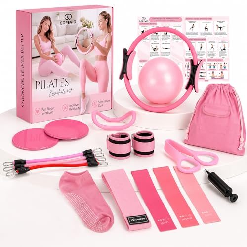 Pilates Kit for Women – Home Pilates Equipment Set with Pilates Ring & Ball, Resistance Band, Ankle Resistance Bands with Cuffs, Grip Socks & Massage Ball – Full Body Home Workout Essentials