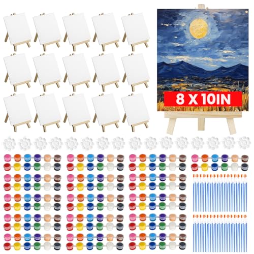 16 Pack Canvas and Easel Set, 8 x 10 inch Painting Kit for Party Supplies | Sip and Paint Kit with 12 Colors Acrylic Paint for Adults Beginners