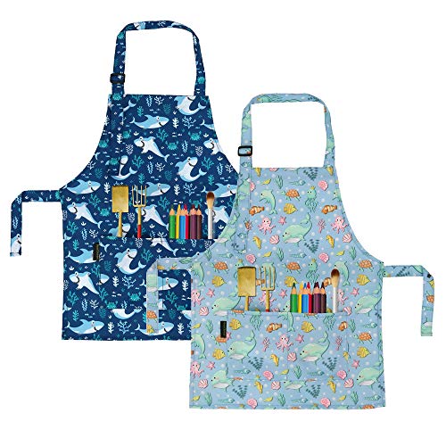 BeeGreen Kids Cooking Aprons w Adjustable Strap Kitchen Aprons w Front Pocket for Kids Toddler Painting Baking Artist