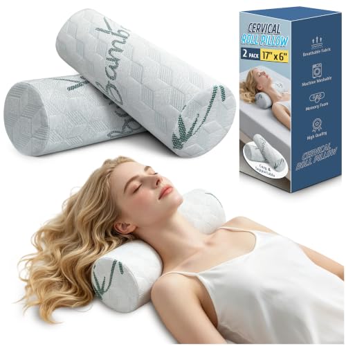Cervical Roll Pillow, Cylinder Neck Pillow with Removable Washable Cover - size: 6x17in