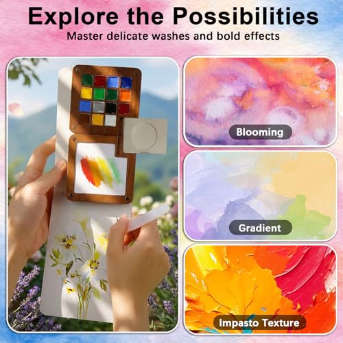 Mini Watercolor Travel Set, All-in-One 12-Color Travel Kit with Palette, Crossbody Bag, Paint Water Cup, Journal, Pocket Set for Artists - color: Brown