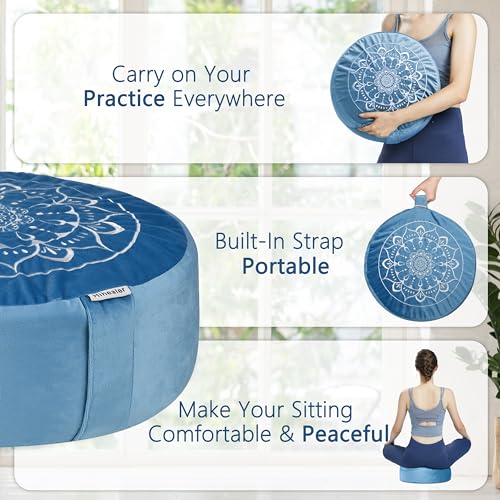 Hihealer Meditation Cushion, Traditional Tibetan Velvet Meditation Pillow | Buckwheat Yoga Bolster, Large Floor Cushion & Pillow for Adults, Zafu Zabuton Set, Zen Meditation Mat - color: Restful Light Blues