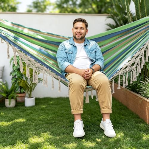Portable Double Hammock, Hanging Hammock with Tassels 2 Person Patio Hammock for Backyard & Indoor Relaxation, Soft Breathable Fabric, Easy Setup with Straps & Carry Bag, 360 lbs Capacity - color: Green Stripe