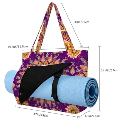 Mandala Yoga Mat Bag Large Yoga Bags and Carrier Fits All Your Stuff Yoga Tote Bags with Zipper Pocket Pilates Bag - color: Purple-01