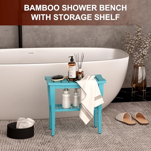 Bamboo Shower Bench Stool with Storage Shelf, Waterproof Shower Chair Spa Bath Seat, Shower Stool for Inside, Bathroom Bench Seat for Adults Elderly Seniors for Indoor or Outdoor Use(Sky Blue) - color: Sky Blue