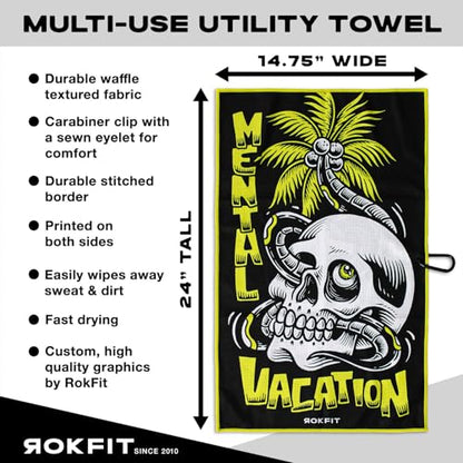 RokFit Gym & Golf Towel – Multi-Use, Quick-Dry, Durable Utility Towel with Bold Graphic and Carabiner Clip (Mental Vacation) - color: Mental Vacation