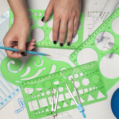 4 Pcs Geometric Drawings Templates, Measuring Geometry Rulers Drafting Stencils Measuring Tools, Transparent Green Plastic Drawing Tool for Design School Studying Office Architecture Teaching Supplies