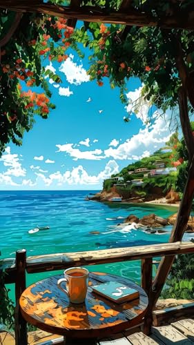 ARTGOTO Large Paint by Numbers for Adults Seaside Cafe View | 15.7x27.5inch/40x70cm Paint by Number Kit on Canvas, Tropical Ocean Balcony Acrylic Painting Set with Brushes, No Frame - color: PBN063