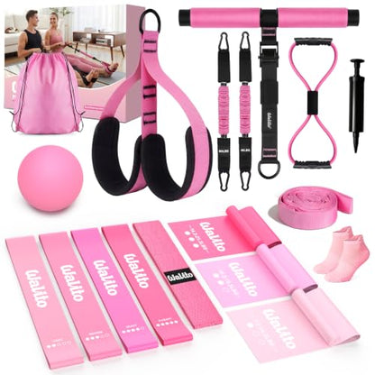 WALITO 15 PCS Pilates Kit, Adjustable Pedal Resistance Band with Handle, Figure 8 Resistance Band for Exercise Women, At Home Workout Equipment Set with Yoga Ball & Booty Bands for Full Body Gym - color: Pink
