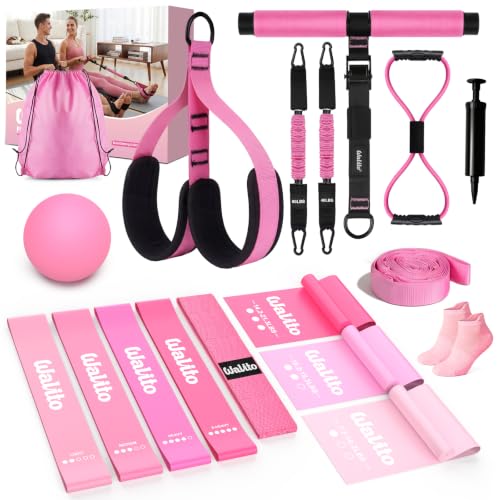 WALITO 15 PCS Pilates Kit, Adjustable Pedal Resistance Band with Handle, Figure 8 Resistance Band for Exercise Women, At Home Workout Equipment Set with Yoga Ball & Booty Bands for Full Body Gym - color: Pink