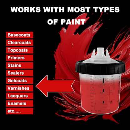 RRJ Disposable Paint Cup Spray Gun Cup, Paint System for LVLP and HVLP Spray Gun Kit 600 ML Mixing Cup with 50 Cups Liners and Lids, 1 Hard Cup with Retainer Ring, 2 Cup Adapter, Stirrer - color: 20 Ounce (600ml) Kit-50PCS