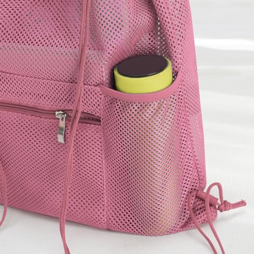 NATURAL STYLE Mesh Drawstring Backpack Bag, Gym Sports Bag with Zipper Pocket Bottle Holder, String Beach Bag for Swiming Travel (Pink) - color: Pink