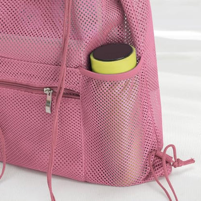 NATURAL STYLE Mesh Drawstring Backpack Bag, Gym Sports Bag with Zipper Pocket Bottle Holder, String Beach Bag for Swiming Travel (Pink) - color: Pink