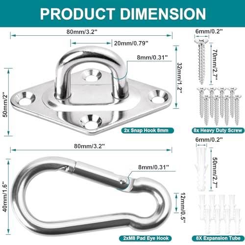 Heavy Duty Hammock Hanging kit - 1000 lb Capacity Swing Hooks, Ceiling Hooks for Wall/Ceiling Mount, Indoor & Outdoor - Stainless Steel (Medium) - size: Medium