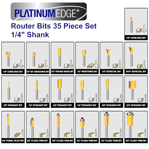PLATINUMEDGE Router Bits Set, Tungsten Carbide Router Bits Set 1/4 Shank, Router Bit Kit for DIY, Woodworking Project, 35 Piece Set with Premium Aluminum Carry Storage Case - size: 35 Piece - 1/4 Inch Shank