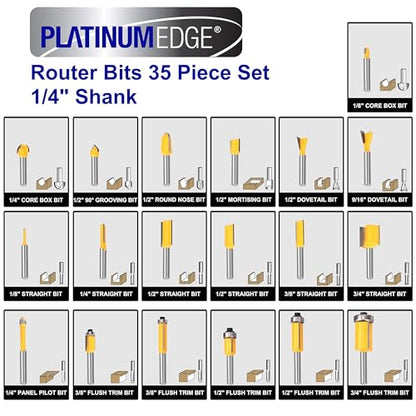 PLATINUMEDGE Router Bits Set, Tungsten Carbide Router Bits Set 1/4 Shank, Router Bit Kit for DIY, Woodworking Project, 35 Piece Set with Premium Aluminum Carry Storage Case - size: 35 Piece - 1/4 Inch Shank