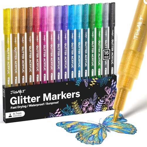 JusArt 16 Colors Glitter Markers, Glitter Pens, 0.7mm Acrylic Paint Markers | Shiny Shimmer Pens for Kids Adults DIY Crafts, Card Making, Drawing, Scrapbooking, Glass, Wood, Stone, Fabric, Rock