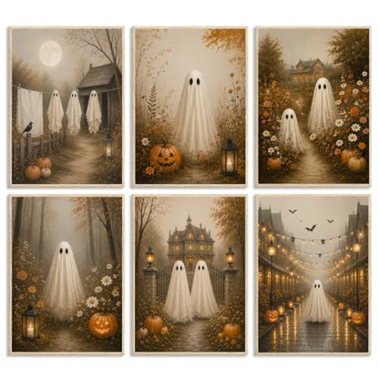 KBKBART 6pcs Halloween Poster Cute Ghost Country Landscape Prints 8x10 inch | Canvas Wall Art Print Pictures Unframed, Ghosts Fall Landscape Paintings, for Bedroom Living Room Dorm, Halloween Posters - color: Halloween Ghost