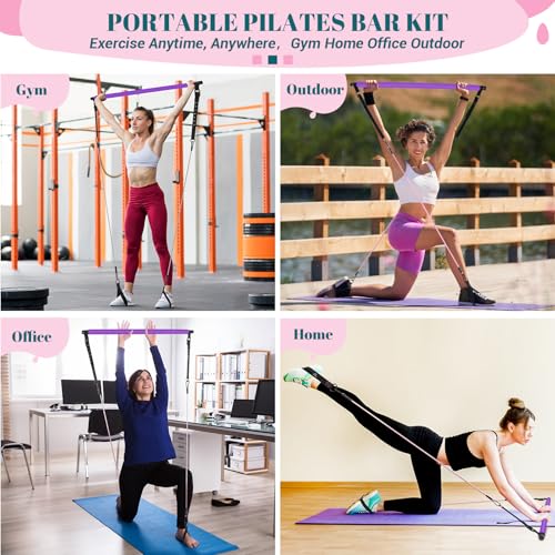 Pilates Bar Kit with Resistance Bands, Multifunctional Yoga Pilates Kit - color: Purple