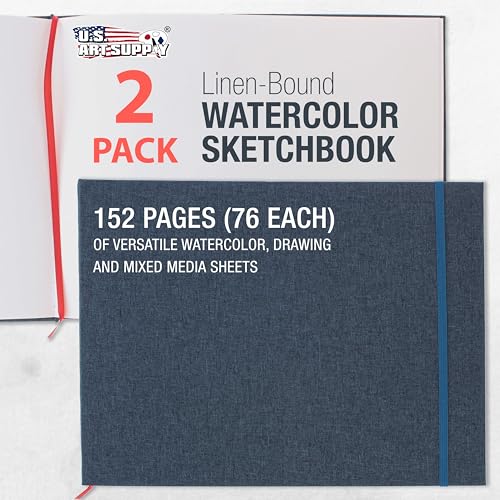 U.S. Art Supply 9" x 12" Watercolor Book (2 Pack, 76 Sheets Each) - 110lb (230 GSM) Linen-Bound Hardcover Artist Paper Pads - Acid-Free Cold-Pressed Watercolor Paper Pad Mixed Media - size: 9-x-12-inch