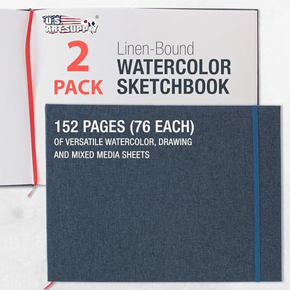 U.S. Art Supply 9" x 12" Watercolor Book (2 Pack, 76 Sheets Each) | 110lb (230 GSM) Linen-Bound Hardcover Artist Paper Pads - Acid-Free Cold-Pressed Watercolor Paper Pad Mixed Media - size: 9-x-12-inch