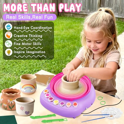 Weilim Pottery Wheel for Kids Beginners, Air-Dry Clay & Paint Kit Ages 6-12 | 3 Clay Packs, 14 Paint Colors, Sculpting Tools, Brushes, Palette,Apron; Gentle Beginner Spin, USB Rechargeable, No Oven - color: Purple