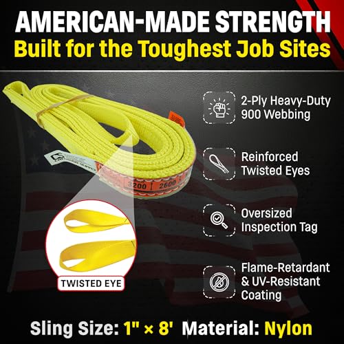 DD Sling 1 Inch x 8 Foot Nylon Lifting Sling – USA Made, 3,200 lb Vertical, 2,600 lb Choker, 6,400 lb Basket – 2-Ply Heavy Duty 900 Webbing, Type 4 Twisted Eye & Eye Rigging Sling, Safety Orange - size: 1 in x 8 ft